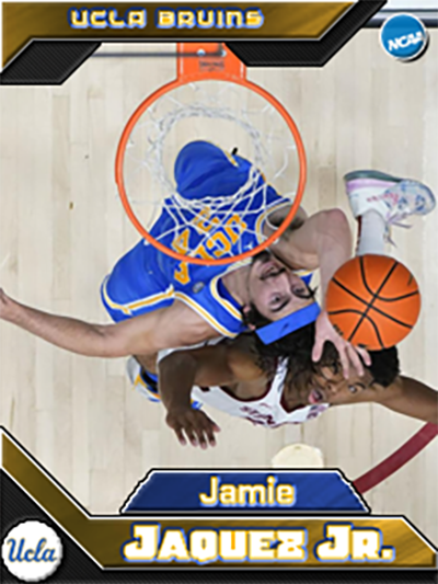 SilverSwoop's tweet photo. @UCLAMBB  @NCAA
 Been practising my UI/2D art skills so made a card for 1 player on each of the teams I think will make the Final 4. UCLA and Jamie Jaquez Jr. are my #2 pick. https://t.co/QNDBWv4IFR