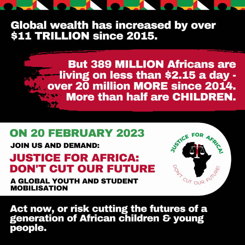 100MilCampaign's tweet photo. Global wealth has increased by >$11 TRILLION since 2015, but MORE children are living in #poverty in #Africa. Are we rich if wealth is built on the backs of children? We need #JusticeForAfrica. On 20 Feb we're rising for a generation of African children &amp; young people - join us!