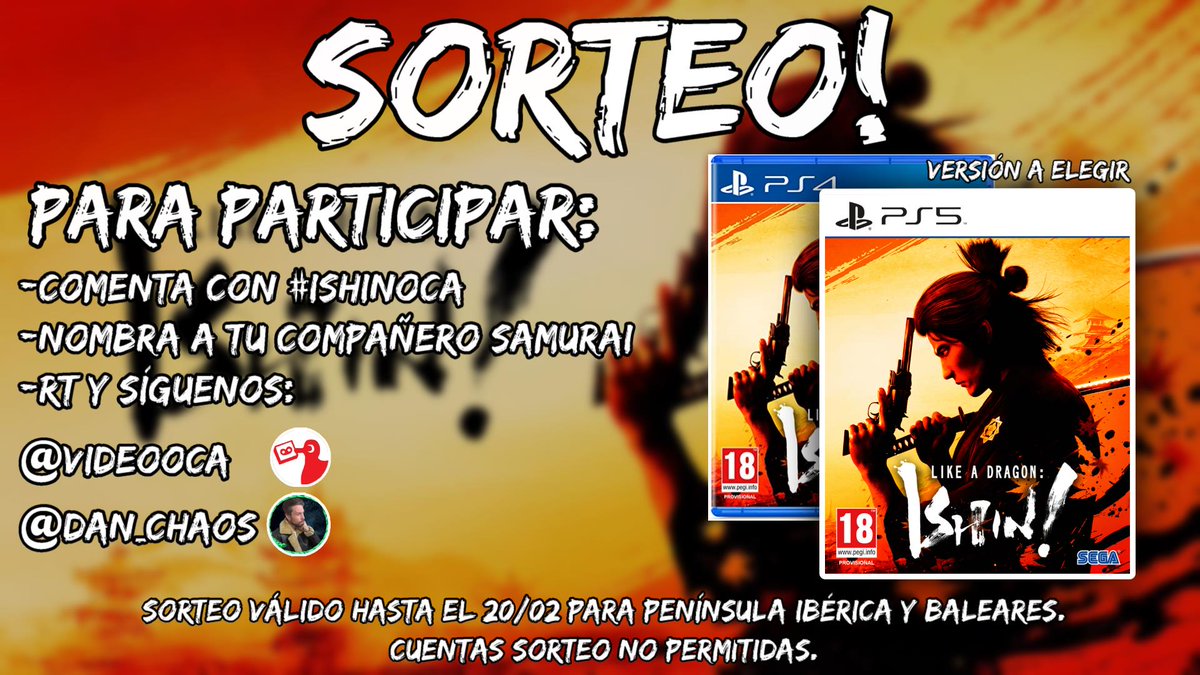 ⚠️SORTEO!⚠️
Pues sí! Os queríamos traer esta sorpresita juntos!
Quieres una copia física de #LikeaDragonIshin para PS4 o PS5 a elegir?

- Cita a tu compañero Samurai con #ISHINOCA en las respuestas.
- RT y Síguenos a <a href="/videooca/">Tiendas VIDEO OCA</a> y a mí.

Y ya está! el 21 desvelaremos al ganador!