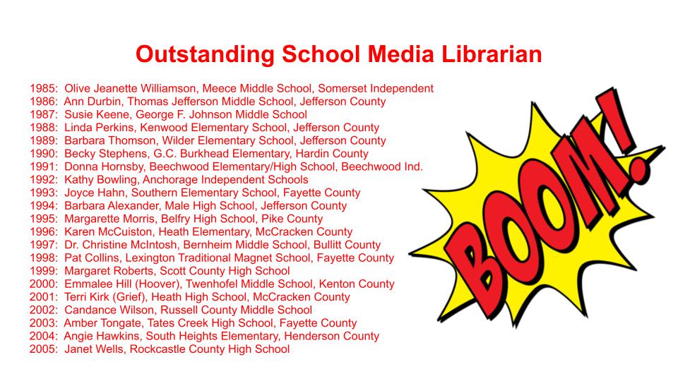 Blast from the Past! Here's a list of more past Outstanding School Media Librarian Award Winners 
Nominations are due April 15th! 
kasl.us/kasl-awards.ht…
@KASL_Librarians @MisterLibrary @JenGilbert42 @Cfwilkerson @kygodigital @KentuckyDLC @myKYVL
