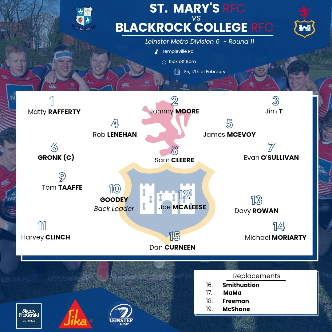 𝙎𝙩 𝙈𝙖𝙧𝙮𝙨 𝙍𝙁𝘾 🆚
𝘽𝙡𝙖𝙘𝙠𝙧𝙤𝙘𝙠 𝘾𝙤𝙡𝙡𝙚𝙜𝙚 𝙍𝙁𝘾 

Our 3rd XV are also in action tonight with an away trip to @StMarysRFC down in Templeville Rd. As usual, all support very welcome and appreciated! 🔵⚪👊🏻 

#RockRugby #LeinsterMetro #Division6