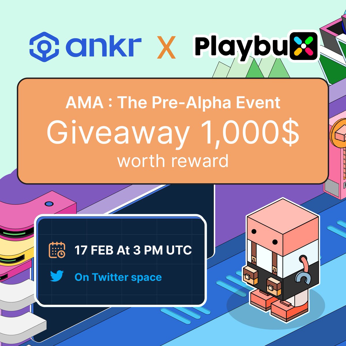 playbuxco's tweet photo. Join this campaign if you want a chance
to be one of the 3 lucky people who win 200 BUSD.⬇️
https://t.co/fqtZ9uOS93

And the first 1,000 people who join in space will each get 1 BRICK. Start today at 3 PM UTC.

https://t.co/kEvqaynfde…

@ankr x @playbuxco https://t.co/g0h2JnNjRf