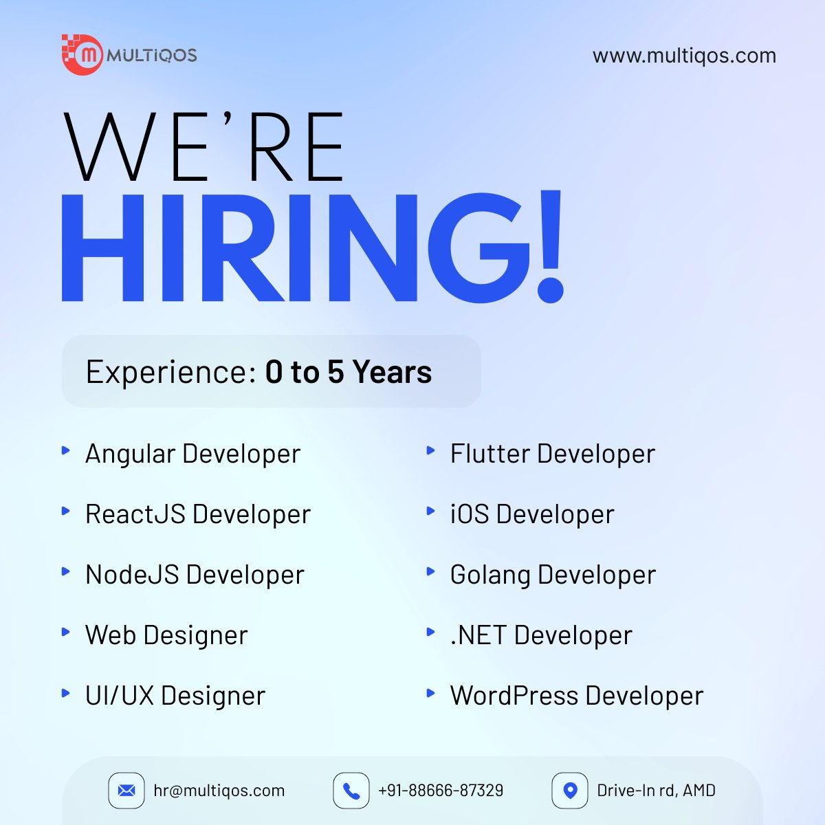 Feel free to visit our careers page to find out more about this opportunity, or alternatively, you can reach out to us via email at hr@multiqos.com or call at +91-88666-87329.

#angulardeveloper #reactjsdeveloper #nodejsdeveloper #webdesigner #jobchange #lookingforjobs