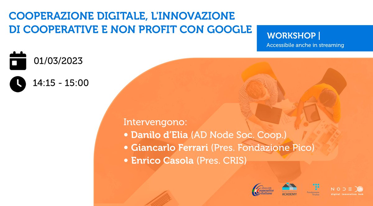 <a href="/Danilo_d_Elia/">Danilo d'Elia</a> per #fondazionetriulza per parlare, ad un anno dall'avvio dei lavori, del bando #cooperazionedigitale a cura di #alleanzadellecooperativeitaliane e #google.org che ha stanziato € 1.000.000 alle #imprese. Per partecipare 👉🏼 bit.ly/3I2GnT0