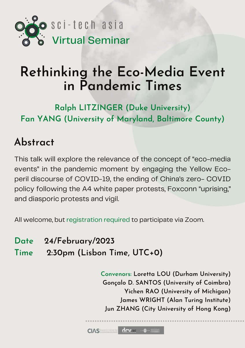 SciTechAsia's tweet photo. NEW WEBINAR!
On February 24th 2023 at 2:30pm (Lisbon Time, WET, GMT, UTC+0), we will begin our new webinar series with a talk by anthropologists Ralph LITZINGER (Duke U.) and Fan YANG (UMBC) on eco-media events.
All welcome! RSVP to join the discussion at: https://t.co/RNfxFdXkDP https://t.co/zl9Edmm3rC