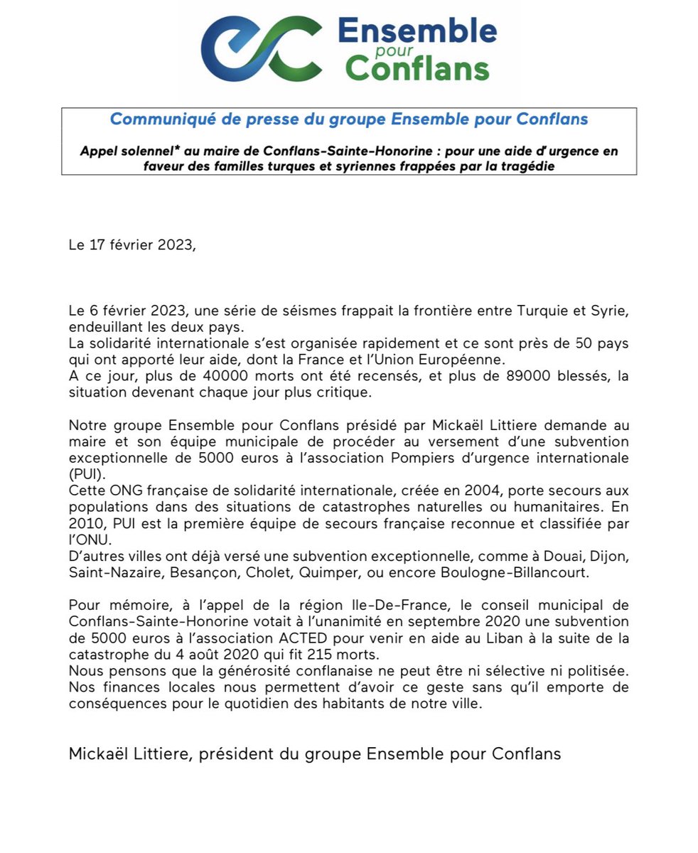 #SeismeTurquieSyrie Notre groupe <a href="/EnsemblConflans/">Ensemble pour Conflans</a> demande au maire le versement d’une subvention exceptionnelle 
#solidarité