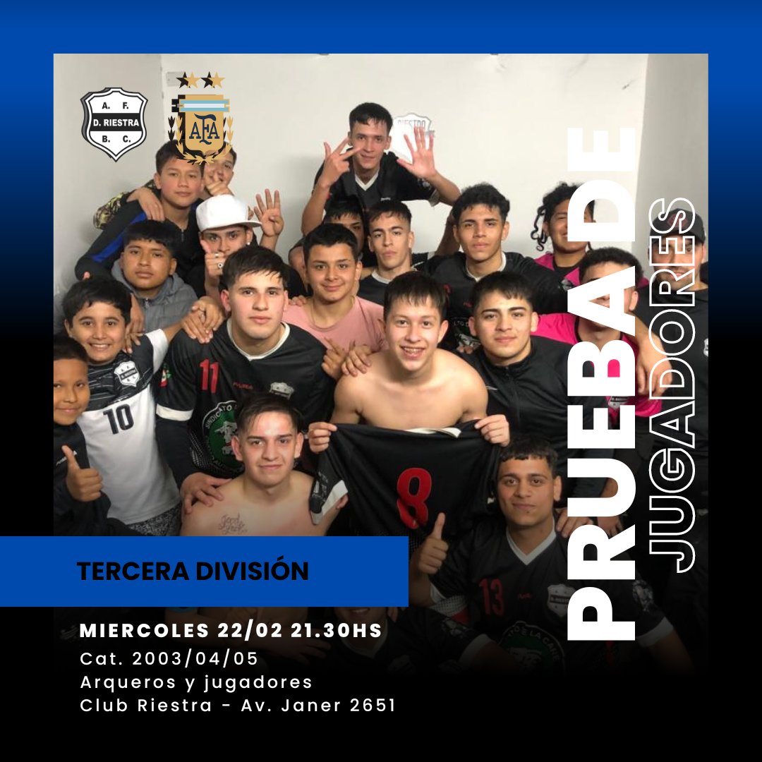 PRUEBAS
Si naciste en 2003, 2004 o 2005 te esperamos el miércoles para formar parte de nuestro plantel.
#SomosRiestra