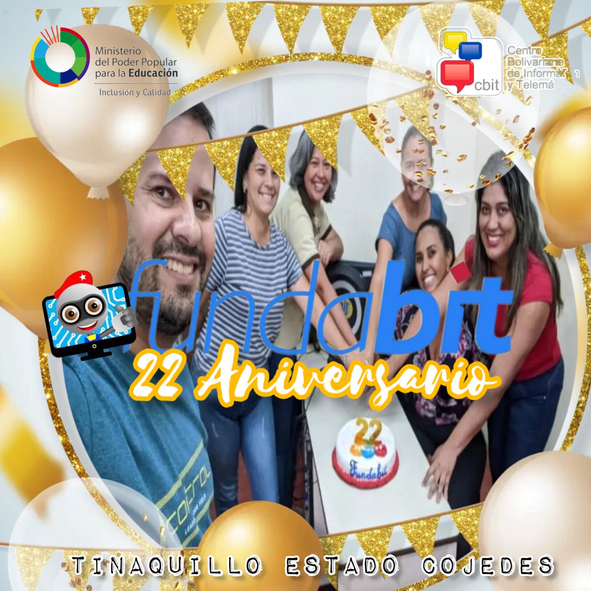 cbittqllo's tweet photo. #17Feb| 🇻🇪 📢 Desde el Municipio Tinaquillo estado Cojedes, los Tutores, continuamos con la celebración del Vigésimo segundo aniversario de FUNDABIT.

#SomosFundabit
#ElEsequiboEsDeVenezuela 

.@NicolasMaduro 
.@_LaAvanzadora 
.@leivi24 .@Fundabit_ .@MPPEDUCACION https://t.co/n0HMlx6x3M