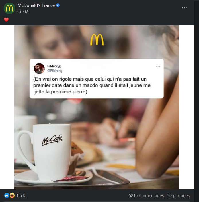 Fildrong's tweet photo. Le début du succès c'est être sur le Facebook de Mac Donald's.

(Ou pas hein mais ça m'a fait marrer) https://t.co/twGUJ9O1ru