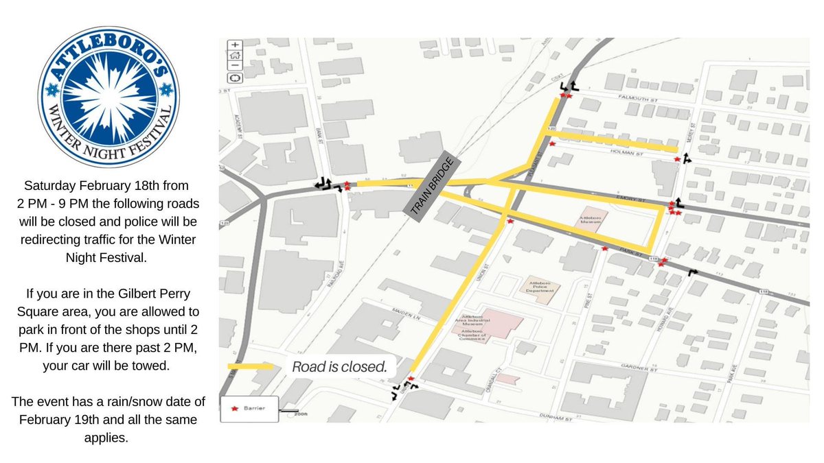 REMINDER TO RESIDENTS &amp; MOTORISTS: They City of Attleboro is hosting a WinterFestival event Saturday Feb 18. There will be road closures &amp; parking bans in effect in the GP Square area. Road closures/detours will be in place 2pm-approx. 9pm.