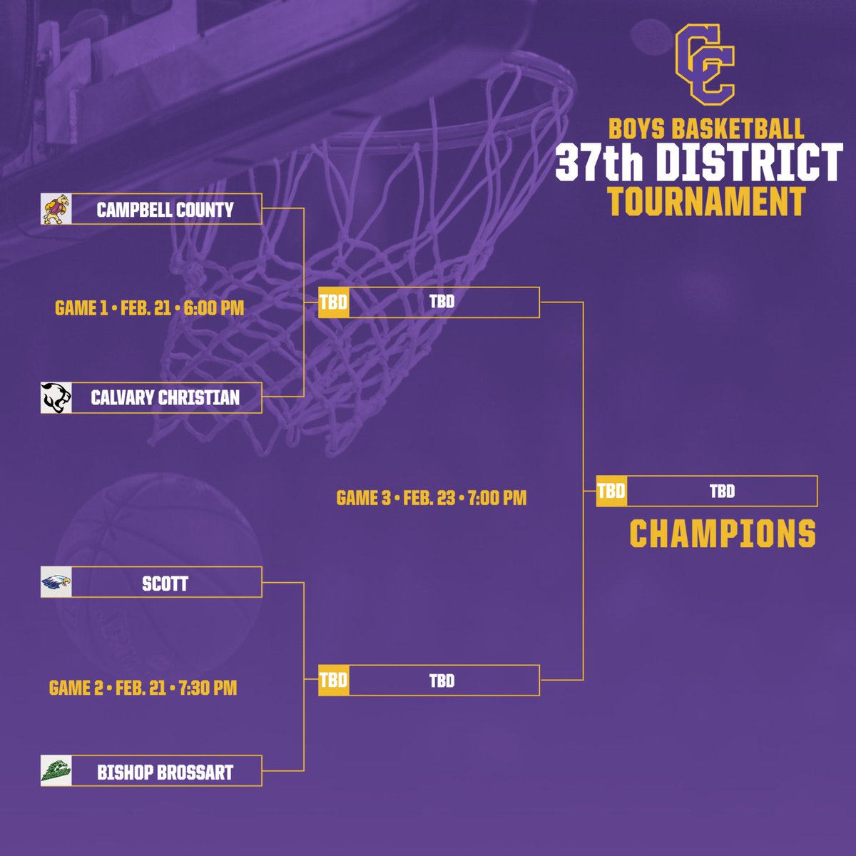 Bracket is set for next weeks 37th District Boys Basketball Tournament @ Campbell County Middle School.  Reminder Tickets are available for purchase on GoFan.co or the GoFan app.  No Cash will be accepted at the gates and No Passes will accepted for entrance.