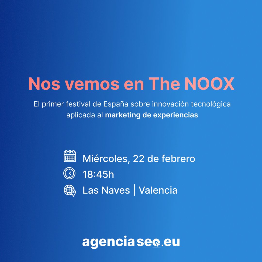 En unos días, ¡estaremos en #TheNOOX!
Nuestro Director SEO, <a href="/brunoramoslara/">Bruno Ramos Lara</a> , participará en la mesa redonda 𝗧𝗿𝗮𝗻𝘀𝗳𝗼𝗿𝗺𝗮𝗰𝗶ó𝗻 𝗱𝗲 𝗹𝗮 𝗽𝘂𝗯𝗹𝗶𝗰𝗶𝗱𝗮𝗱 𝘆 𝗲𝗹 𝗺𝗮𝗿𝗸𝗲𝘁𝗶𝗻𝗴 𝗲𝘅𝗽𝗲𝗿𝗶𝗲𝗻𝗰𝗶𝗮𝗹.
Info y entradas en:
➡️ thenoox.es
