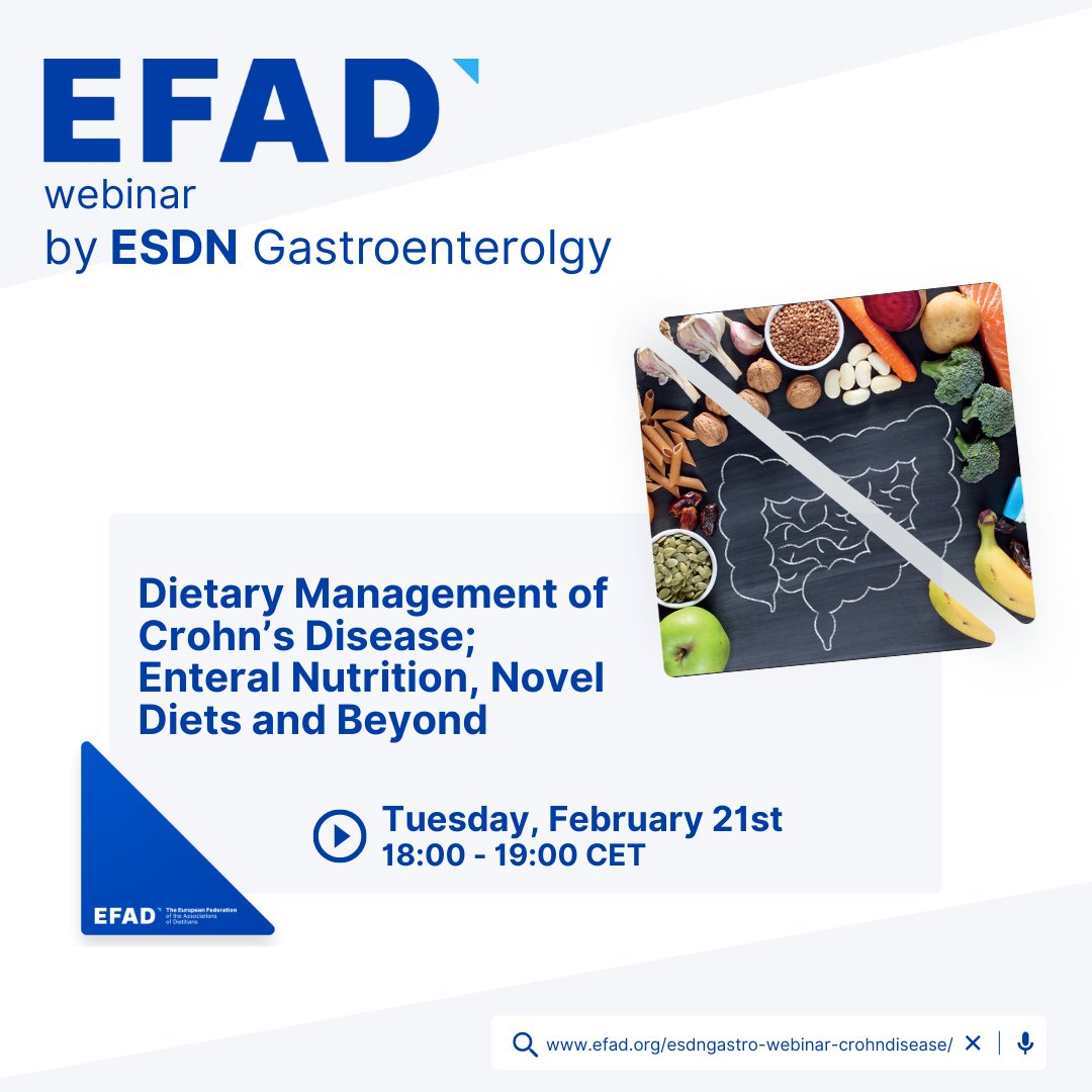 🔜Don't miss the webinar: "Dietary Management of Crohn’s Disease; Enteral Nutrition, Novel Diets and Beyond" organised by ESDN Gastroenterology.
📅Tuesday 21st, February, 18:00 CET
👤Speaker: Prof. Konstantinos Gerasimidis
🔗Find more and register: zurl.co/yW0l