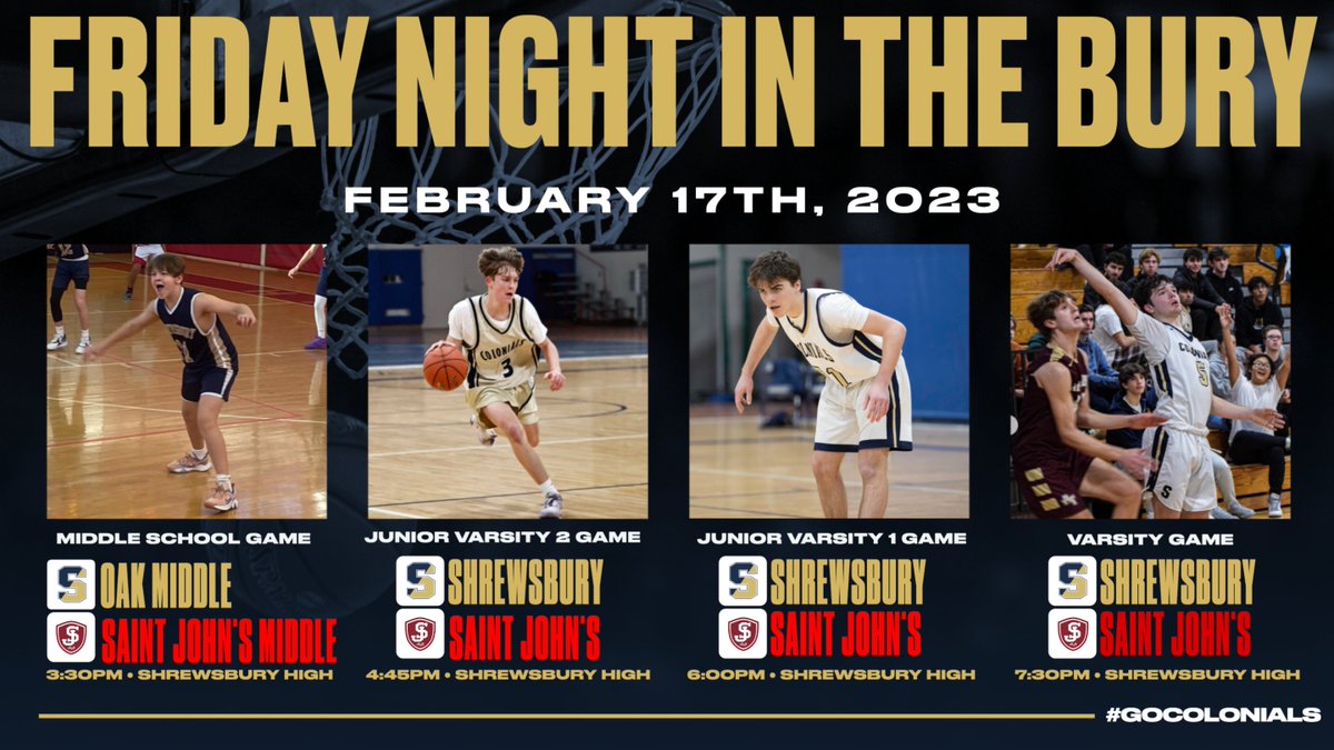 🆚 Saint John's Shrewsbury
🕙 Middle School 3:30, JV2 4:45, JV1 6:00, Varsity 7:30
📍 Shrewsbury High School Field House
❕SHS Boys' Basketball Senior Night
🎟 $5 General Admission at the Gate (Cash Only Please)
🍕🍫 Concessions Available 

Go Colonials!