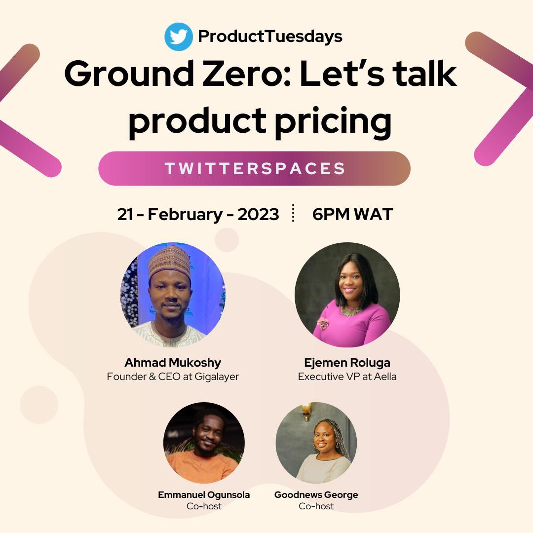 🚨 Attention #ProductTuesdays Fam! Join us for next week's edition where we'll be discussing the ultimate question: How do you price your product? 

Don't miss this opportunity to listen to <a href="/mukoshy/">Ahmad Mukoshy👨‍💻</a> and <a href="/EjemenRoluga/">Ejemen Roluga</a> share their insights and wealth of experience on the subject!