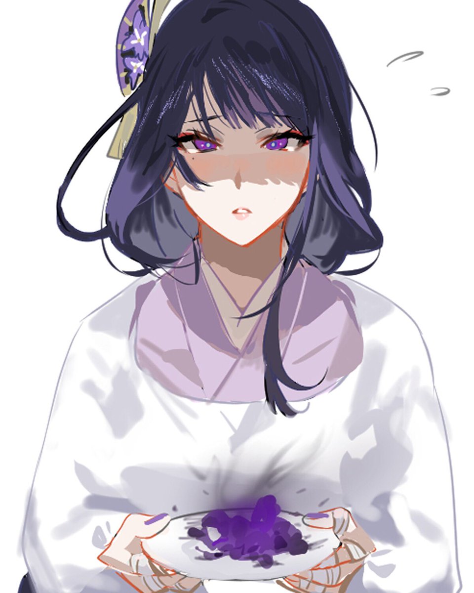 raiden shogun 1girl kappougi long hair apron solo purple eyes purple hair  illustration images