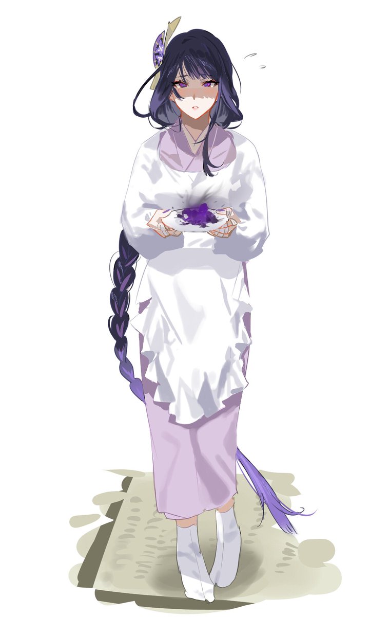 raiden shogun 1girl kappougi long hair apron solo purple eyes purple hair  illustration images