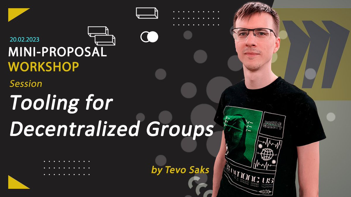 1/3
🌟🌟🌟 Exciting news! 🌟🌟🌟 

The Mini Proposal Workshop continues! 🎉 

Join us on 20.02.2023 (Monday) at 19:30 UTC to ideate and discuss a proposal related to tooling for decentralized groups. 

👉 Register here: bit.ly/MPWreg