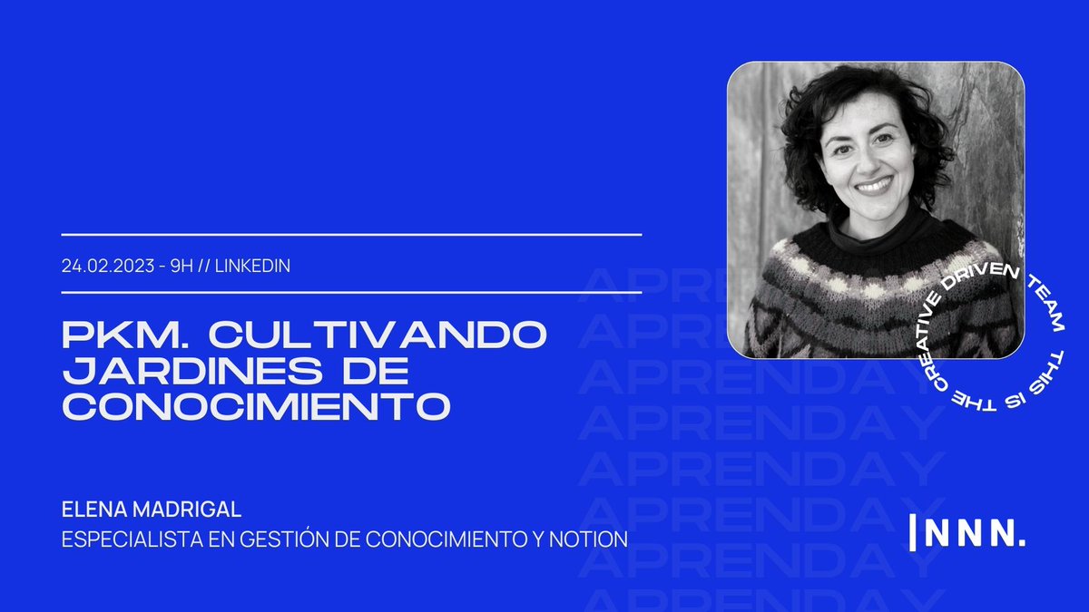 El viernes que viene, #Aprenday! 

<a href="/elenayuscula/">Elena Madrigal ✨</a>, especialista en diseño de sistemas de gestión a través de #NoCode, nos contará cómo cuidar nuestro 2º cerebro, herramienta clave para la organización digital, y cómo cultivar un #JardínDigital 🧠🌱

➡️ mtr.bio/innn