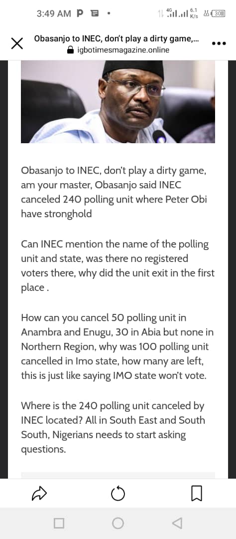 Obasanjo to INEC, How can you cancel 50 polling unit in Anambra and Enugu, 30 in Abia but none in Northern Region, why was 100 polling unit cancelled in Imo state, how many are left, this is just like saying IMO state won’t vote.

Source: igbotimesmagazine.online