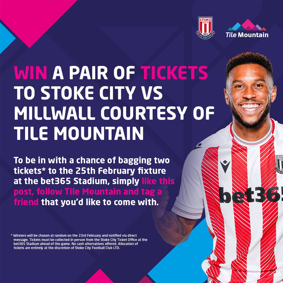 Calling all <a href="/stokecity/">Stoke City FC</a> fans 📣

WIN a PAIR OF TICKETS to Stoke City vs Millwall on the 25th of Feb!

All you need to do is:
     👍 Follow us
     🔁 RT this tweet
     🏷️ Tag a friend

Winner will be notified by DM on 23rd of Feb &amp; will need to collect tickets.

#stokecity #win