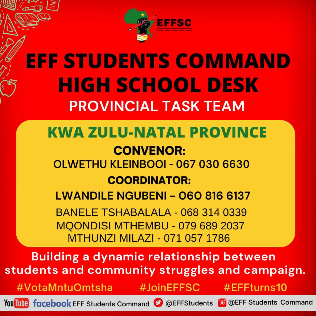 EFFYouthCommand's tweet photo. 🚨EFFSC HIGH SCHOOL DESK PROVINCIAL TASK TEAMS🚨

🔴KwaZulu-Natal (KZN)

🔴Free State (FS)

🔴Gauteng (GP)

🔴North West (NW)

#JoinEFFSC
#SizofundaNgenkani2023 https://t.co/a6ENed7eib