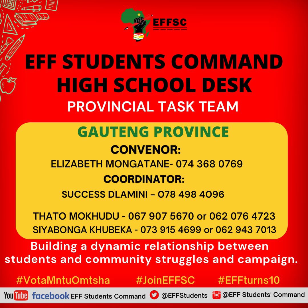EFFYouthCommand's tweet photo. 🚨EFFSC HIGH SCHOOL DESK PROVINCIAL TASK TEAMS🚨

🔴KwaZulu-Natal (KZN)

🔴Free State (FS)

🔴Gauteng (GP)

🔴North West (NW)

#JoinEFFSC
#SizofundaNgenkani2023 https://t.co/a6ENed7eib