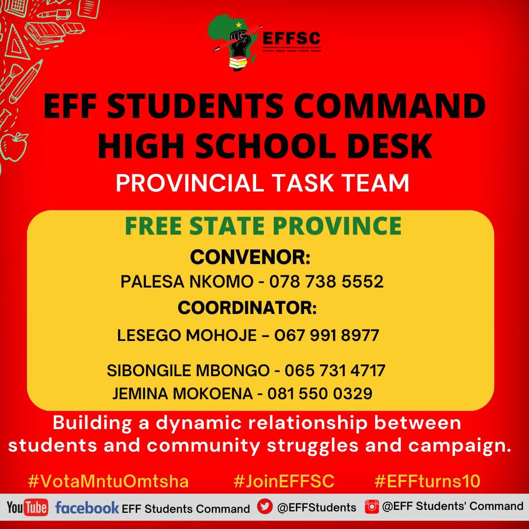 EFFYouthCommand's tweet photo. 🚨EFFSC HIGH SCHOOL DESK PROVINCIAL TASK TEAMS🚨

🔴KwaZulu-Natal (KZN)

🔴Free State (FS)

🔴Gauteng (GP)

🔴North West (NW)

#JoinEFFSC
#SizofundaNgenkani2023 https://t.co/a6ENed7eib