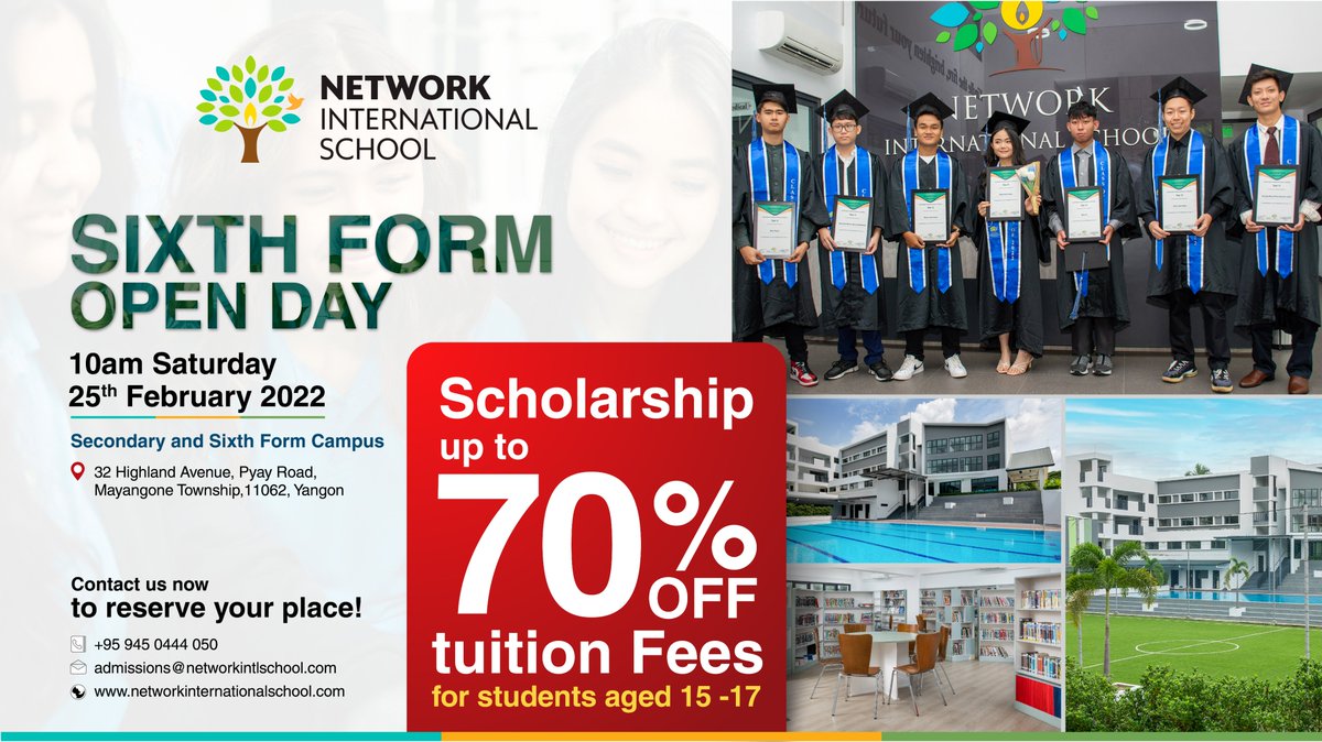Experience a truly international learning environment at Network International School, Yangon.
Open Day for Sixth Form students aged 15 to 17.

👉 Reserve a space now to get an academic award worth up to 70% off the tuition fees at: cutt.ly/NetworkScholar…