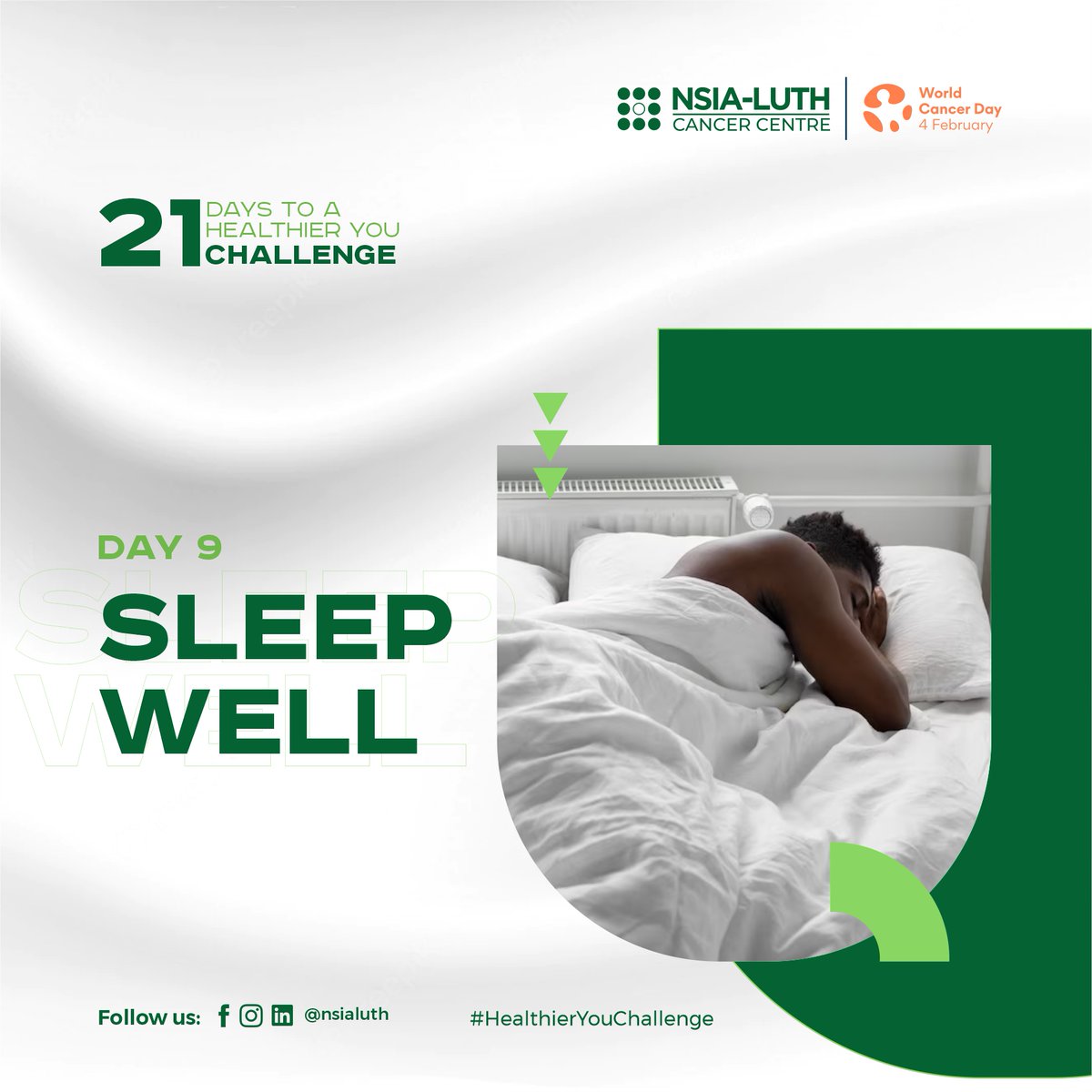 medservecancer's tweet photo. 21 Days to A Healthier You Challenge.
Day 9: Sleep well.
Lack of sleep can raise the risk of health problems like heart disease, high blood pressure, and obesity. It can also affect your concentration and memory.
#21Days #HealtheirYouChallenge #NLCCWCD #WorldCancerDay https://t.co/owtzJIGvKF