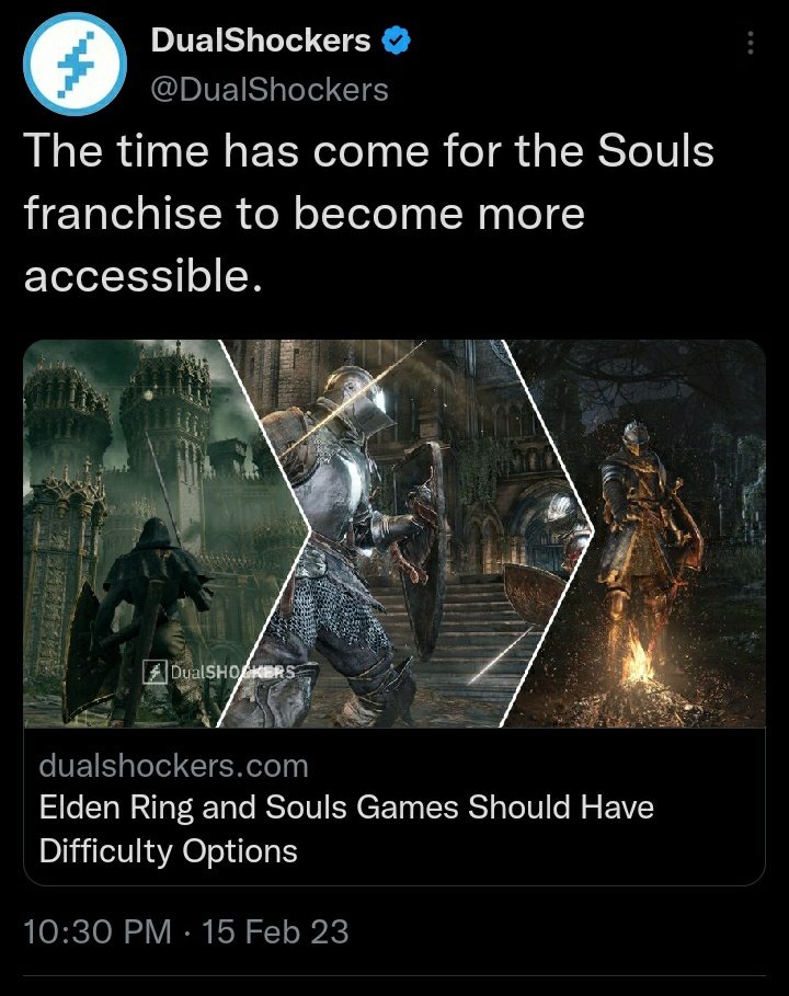 Haru47MarkII's tweet photo. Still 2023 and people keep spewing this crap, Miyazaki already made it clear in a interview why he keeps the difficulty ,there's a reason this game sold millions of copies and won GOTY, people want challenge not handholding games https://t.co/BIxfAfXw4C