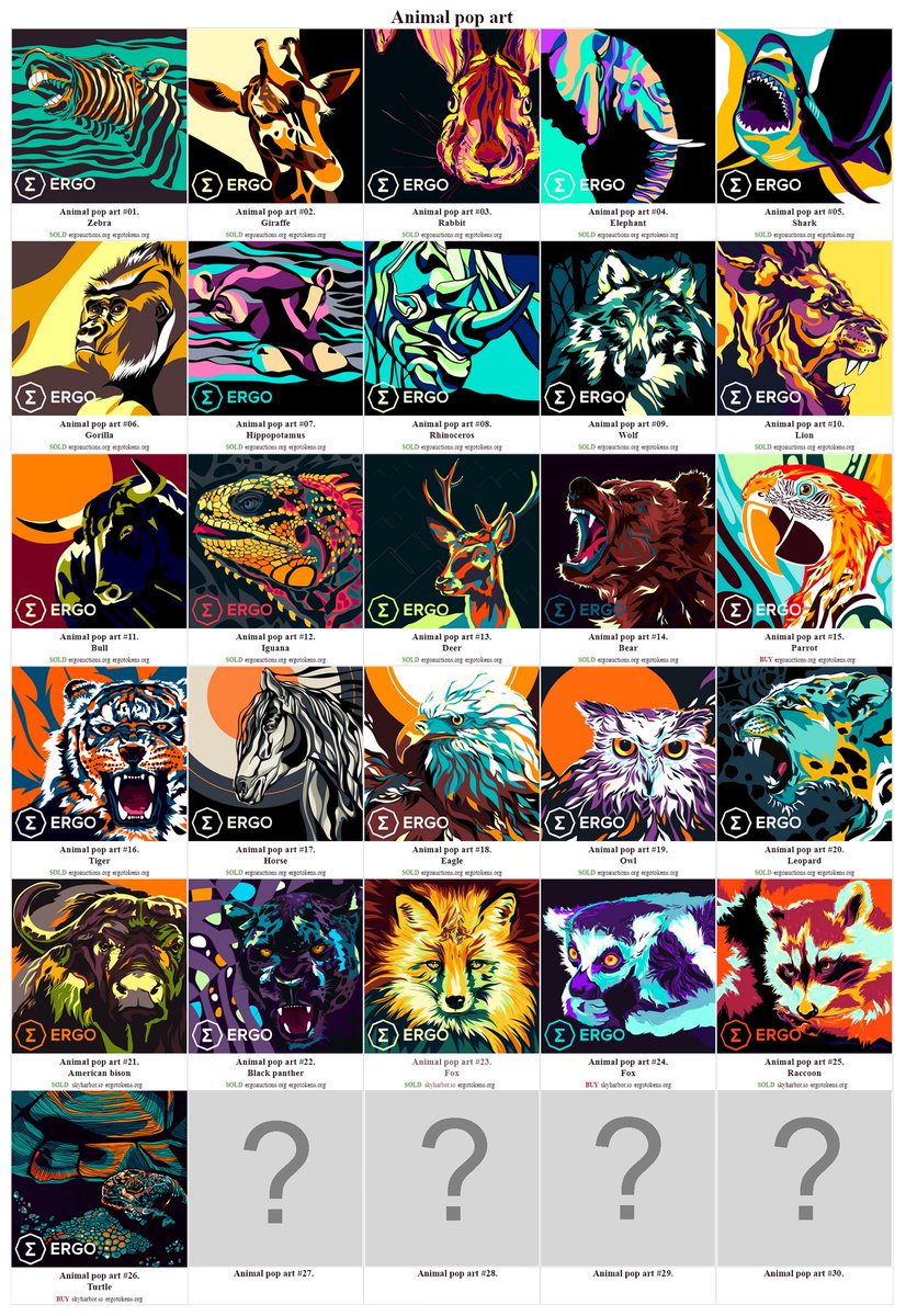 maritsaart's tweet photo. 🧵 2/2

🤩 Animal pop art series 🥳
🎉 23 out of 26 NFTs created have already been sold 👀
https://t.co/vtnmHiB84I
https://t.co/70LZwJti1s

💜 @SkyHarbor_io
🫶 @auction_house_
$ERG #Ergo #ErgoNFT #Ergonauts #NFT https://t.co/CnHXLLXZQc