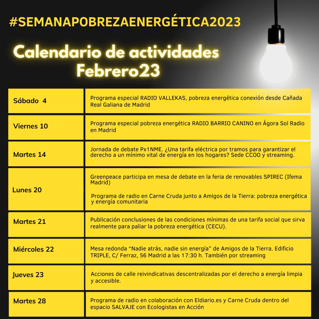 💡 Hoy comienza la #SemanaPobrezaEnergética2023.

📢 Como cada año, las organizaciones de la sociedad civil reivindicamos el derecho a una energía asequible y no contaminante (#ODS7).

🗓️ Consulta las actividades y súmate: cecu.es/eventos/semana…

#NadieSinEnergía ⚡️