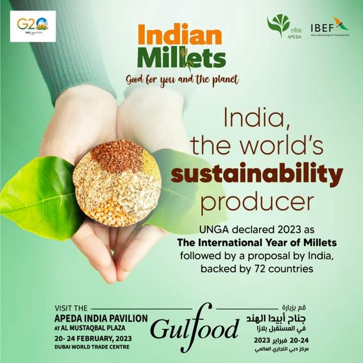 Brands_India's tweet photo. India’s global boost for Millets promotes sustainable agriculture and food security as millets grow in extreme climate conditions.
Visit the APEDA Indian Pavilion at Gulfood 2023. https://t.co/8IsGKDW1xb
#Indianmillets #Loveformillets #MadeInIndia #IYM2023 #YearofMillets https://t.co/FTuJPHv8Rc
