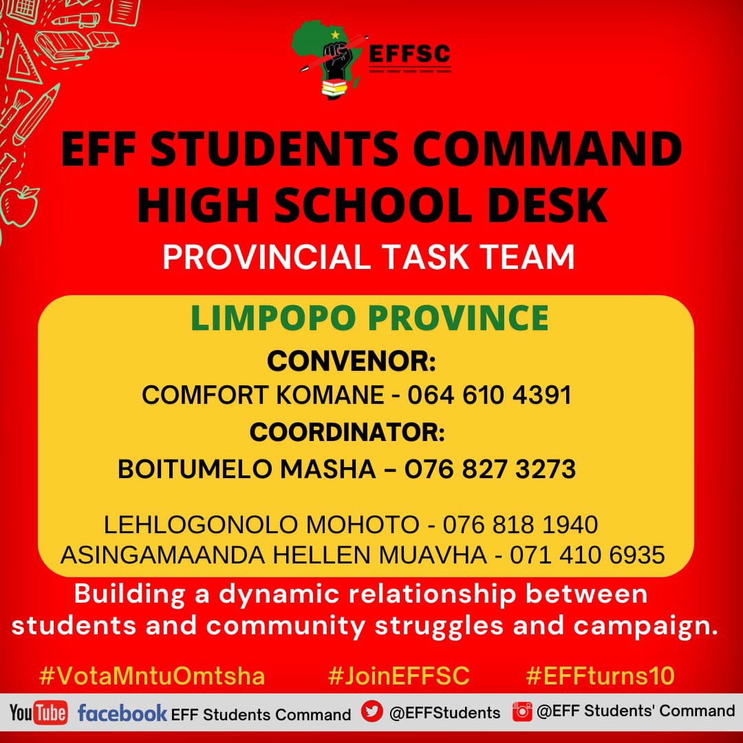 EFFYouthCommand's tweet photo. 🚨EFFSC HIGH SCHOOL DESK PROVINCIAL TASK TEAMS🚨

🔴Eastern Cape (EC)

🔴Limpopo (LP)

🔴Mpumalanga (MP)

🔴Western Cape (WC)

#JoinEFFSC
#SizofundaNgenkani2023 https://t.co/LsPDDrdvu6