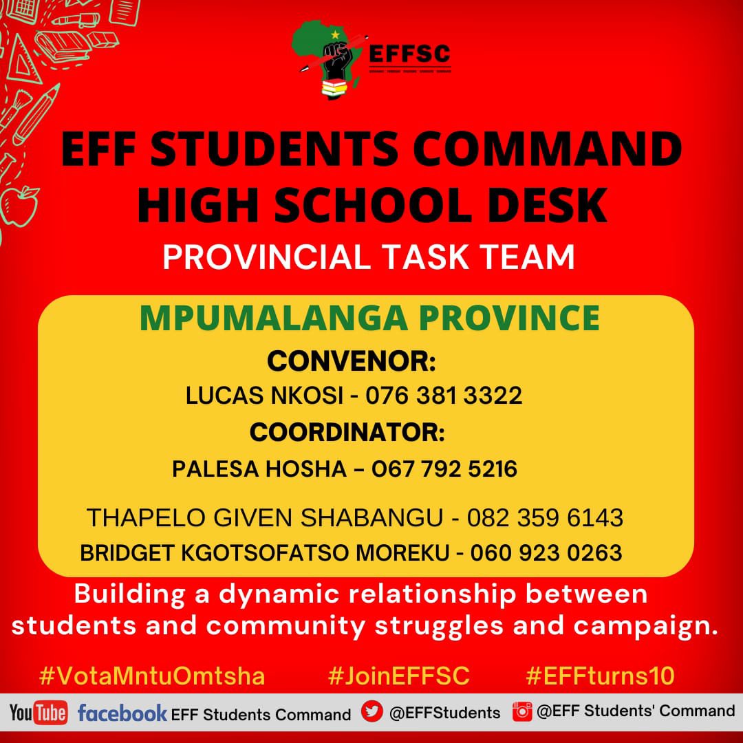 EFFYouthCommand's tweet photo. 🚨EFFSC HIGH SCHOOL DESK PROVINCIAL TASK TEAMS🚨

🔴Eastern Cape (EC)

🔴Limpopo (LP)

🔴Mpumalanga (MP)

🔴Western Cape (WC)

#JoinEFFSC
#SizofundaNgenkani2023 https://t.co/LsPDDrdvu6