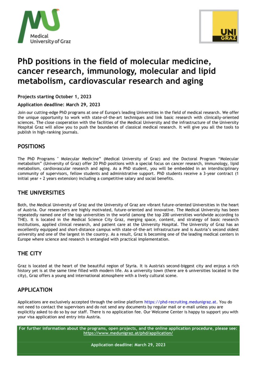 Katharina Kuentzel (@kati_b_kuentzel) on Twitter photo PhD positions available <a href="/MedUniGraz/">Med Uni Graz</a> in #molecular #medicine, #cancer, #immunology, #lipid, #aging and #cardiovascular research 🔬 apply till 29.3.2023 ‼️<a href="/SFB_LipidHyd/">SFB Lipid Hydrolysis</a> more information medunigraz.at/phd/
Application deadline: March 29, 2023 PhD positions available <a href="/MedUniGraz/">Med Uni Graz</a> in #molecular #medicine, #cancer, #immunology, #lipid, #aging and #cardiovascular research 🔬 apply till 29.3.2023 ‼️<a href="/SFB_LipidHyd/">SFB Lipid Hydrolysis</a> more information medunigraz.at/phd/
Application deadline: March 29, 2023
