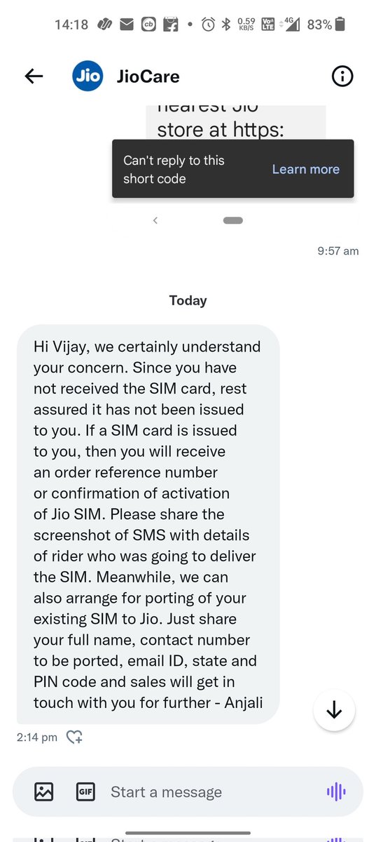 vijaychandel's tweet image. @JioCare, this called #pathatic service,Ms Anjali do not bother to read my concern, attached screenshot of reply.