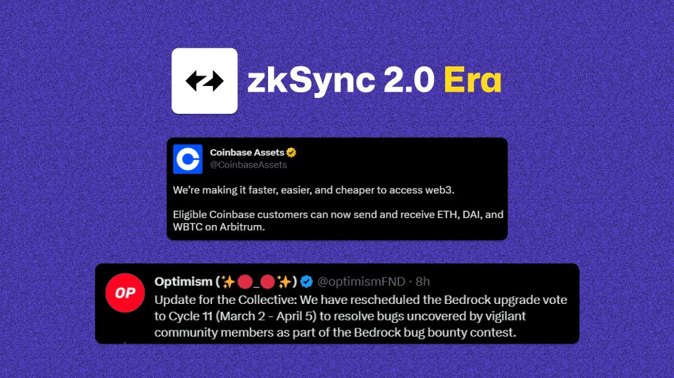 🦊 Some updates about Zksync, Arbitrum, &amp; Optimism:

• Zksync's "Fair Onboarding Alpha" phase has begun, leading to Mainnet 2.0 (or "Era") &amp; a new logo color has been implemented.

• Coinbase has added the Arbitrum Network, which now supports $ETH, $DAI, and $WBTC.

More...👇