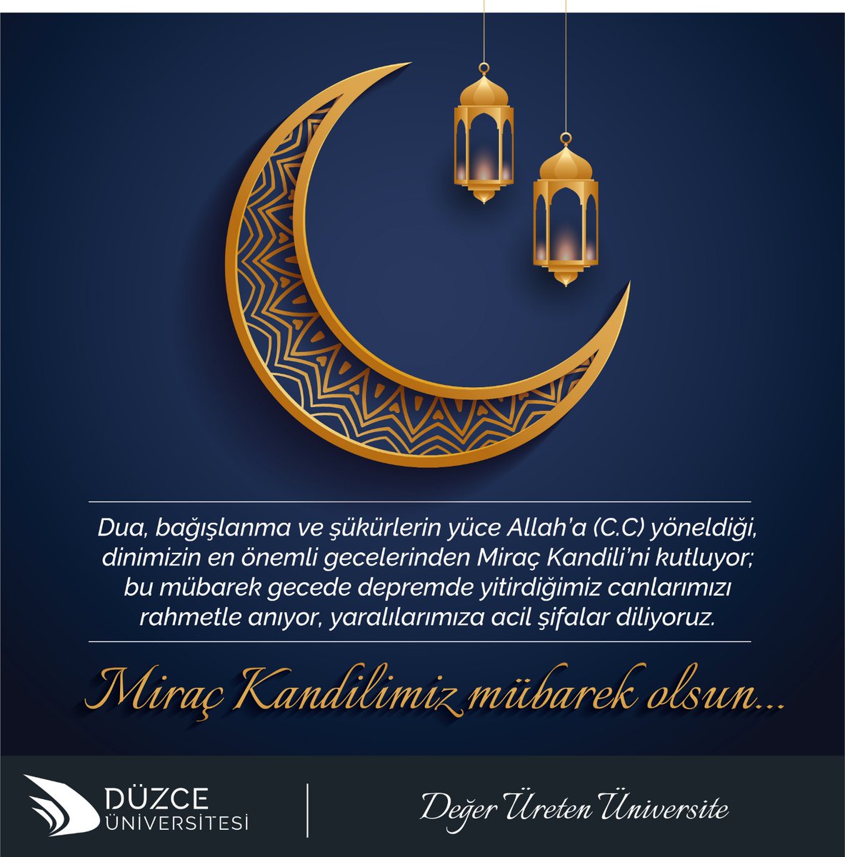Dua, bağışlanma ve şükürlerin yüce Allah'a (C.C) yöneldiği, dinimizin en önemli gecelerinden Miraç Kandili'nizi kutluyor; bu mübarek gecede depremde yitirdiğimiz canlarımızı rahmetle anıyor, yaralılarımıza acil şifalar diliyoruz. Miraç Kandilimiz Mübarek Olsun... #MiracKandili