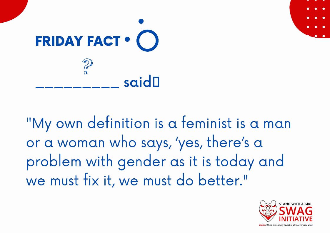 Hey there,

It's Friday and we have a little challenge for you. It's nothing you can't handle. 

Simply tell us who made the above statement and tell us what you understand feminism to mean.

#Factsfriday #Genderequality