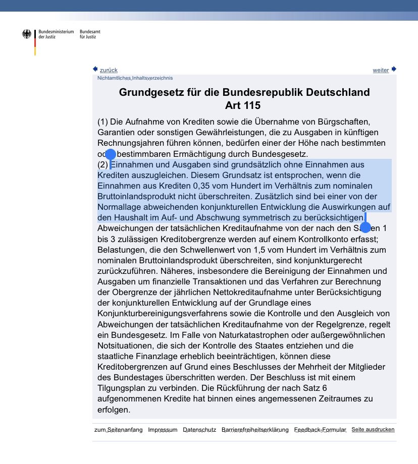 PhilippaSigl's tweet photo. Da es gerade mal wieder heißt die #Schuldenbremse im Grundgesetz würde irgendwas verhindern, ein kurzer 🧵:

Im GG steht kein Neuverschuldungslimit, dazu muss man schon tiefer graben… /1 https://t.co/BiL8dEAdYY