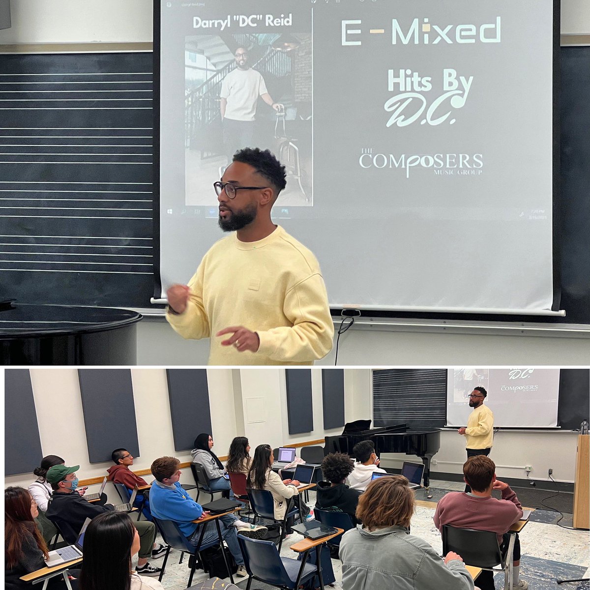 daeboganmusic's tweet photo. I want to give a huge thank you to my long-time friend Darryl Reid @dc_dacomposer for dropping by my music industry entrepreneurship class tonight at UCLA Herb Alpert School of Music @uclaalpert to tell his founder story behind launching virtual mixing and mastering service, E-Mixed, and NFT record label, The Composers Music Group.

My students appreciated your candid conversation on the startup hustle.