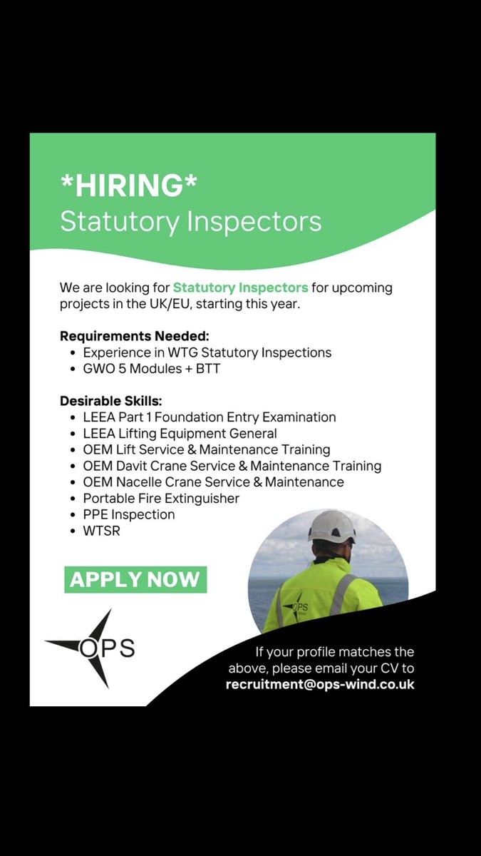 OEG_Training's tweet photo. π£ We are hiring Statutory Inspectors
Come & join our Stats Team & letβs do great work together #hiring #team #work
Please send your CV into
recruitment@ops-wind.co.uk
Donβt let opportunities pass you by, your future depends on what you do today.
#opswind #statinspections https://t.co/xO2i9J43K5