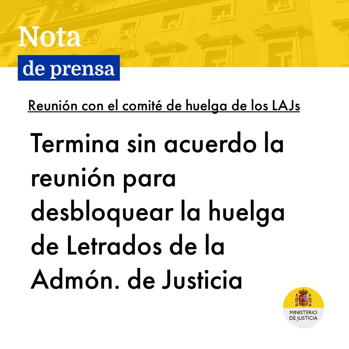 justiciagob's tweet photo. Los representantes de los letrados de la Admón. de Justicia han abandonado la mesa de negociación con el Ministerio de Justicia después de haber elevado sus exigencias respecto a las inicialmente planteadas y sin plantear ninguna otra alternativa.

🔗https://t.co/TV7zkgafA5 https://t.co/VTqewD5KEH