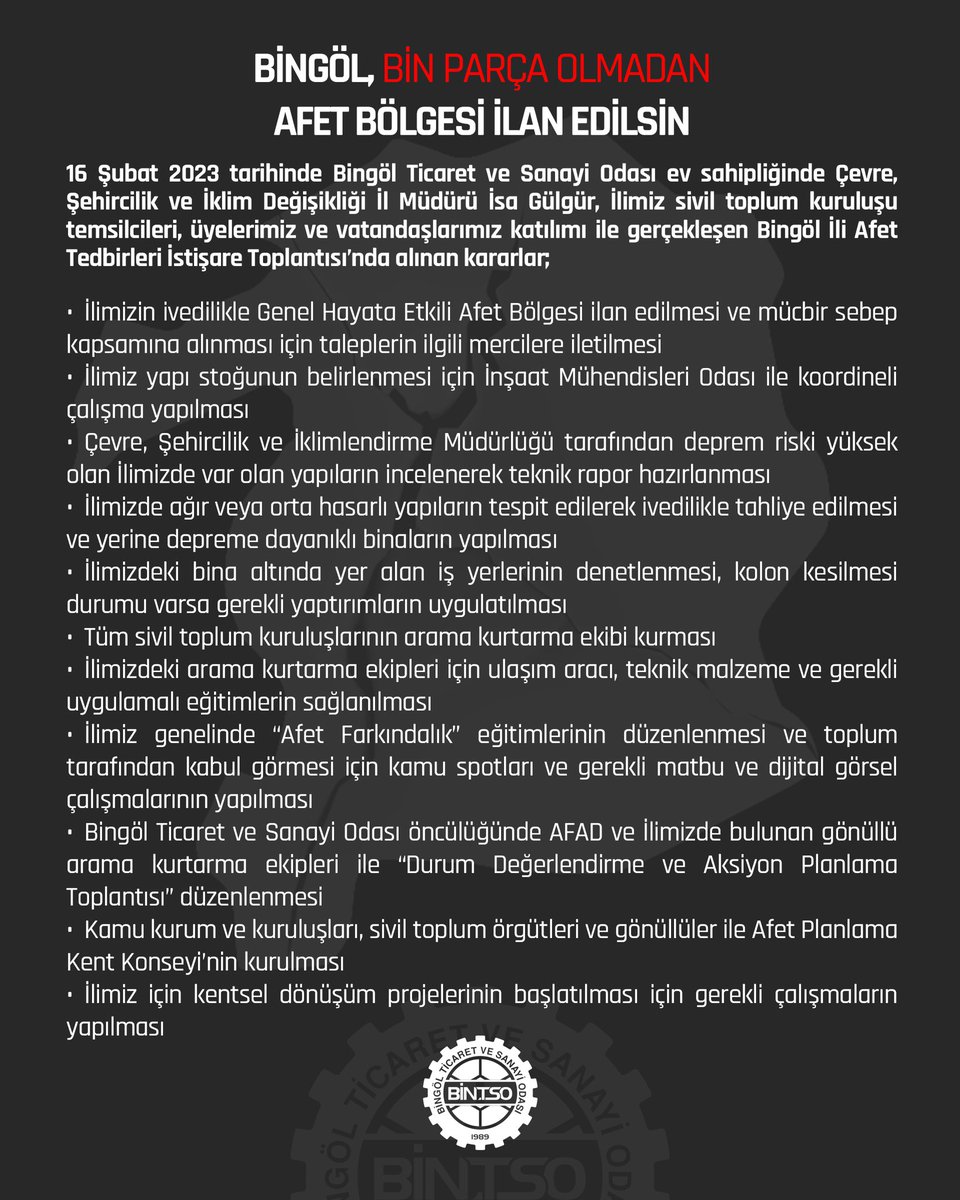 İlimizin ivedilikle Genel Hayata Etkili Afet Bölgesi ilan edilmesi ve mücbir sebep kapsamına alınması için ilgili talebimizi, TOBB Başkanımız Sn. Rifat Hisarcıklıoğlu'na illettik. Talebimizin takipçisi olacağız. Bingöl kamuoyuna ilgilerinden dolayı teşekkür ederiz.
<a href="/RTErdogan/">Recep Tayyip Erdoğan</a>