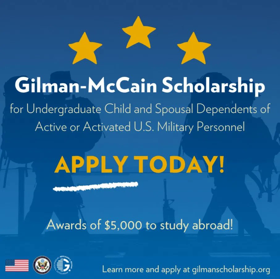 TopScholars1's tweet photo. Apply for the Gilman-McCain Scholarship! This scholarship awards $5,000 for study abroad for undergraduate child and spousal dependents of active or active U.S. military personnel. For more information, visit https://t.co/BpsTc4TdDO https://t.co/7AbAE1U9G6
