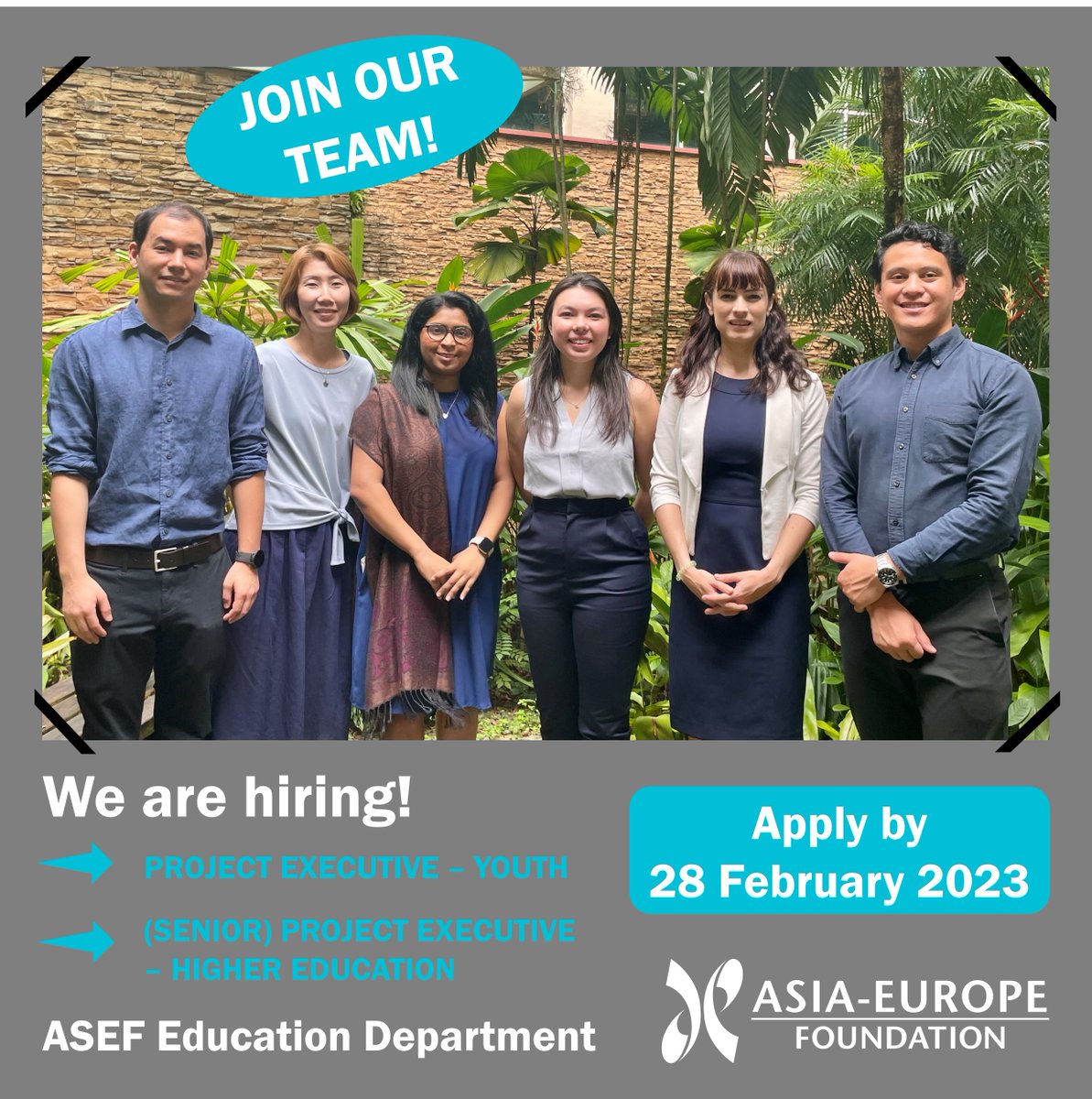 aseforg's tweet photo. ๐ Meet the @asefedu team - you could join them!
Are you interested in bridging #youth or #HigherEducation sectors from Asia & Europe?
โOur Education Department is looking for 2 new team members โ
Apply by 28 Feb: https://t.co/2NYZ4JWtWh
#hiring #Jobs #ASEF #ASEFEducation https://t.co/FhibnfD8Ta