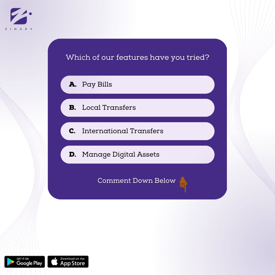 ZinaryApp's tweet photo. What feature have you used on Zinary?🧐 

#zinaryapp
#paymentapp
#buildwithus
#fintechapp
#fintechappfeatures
#zinary https://t.co/CTDqXB53ZB