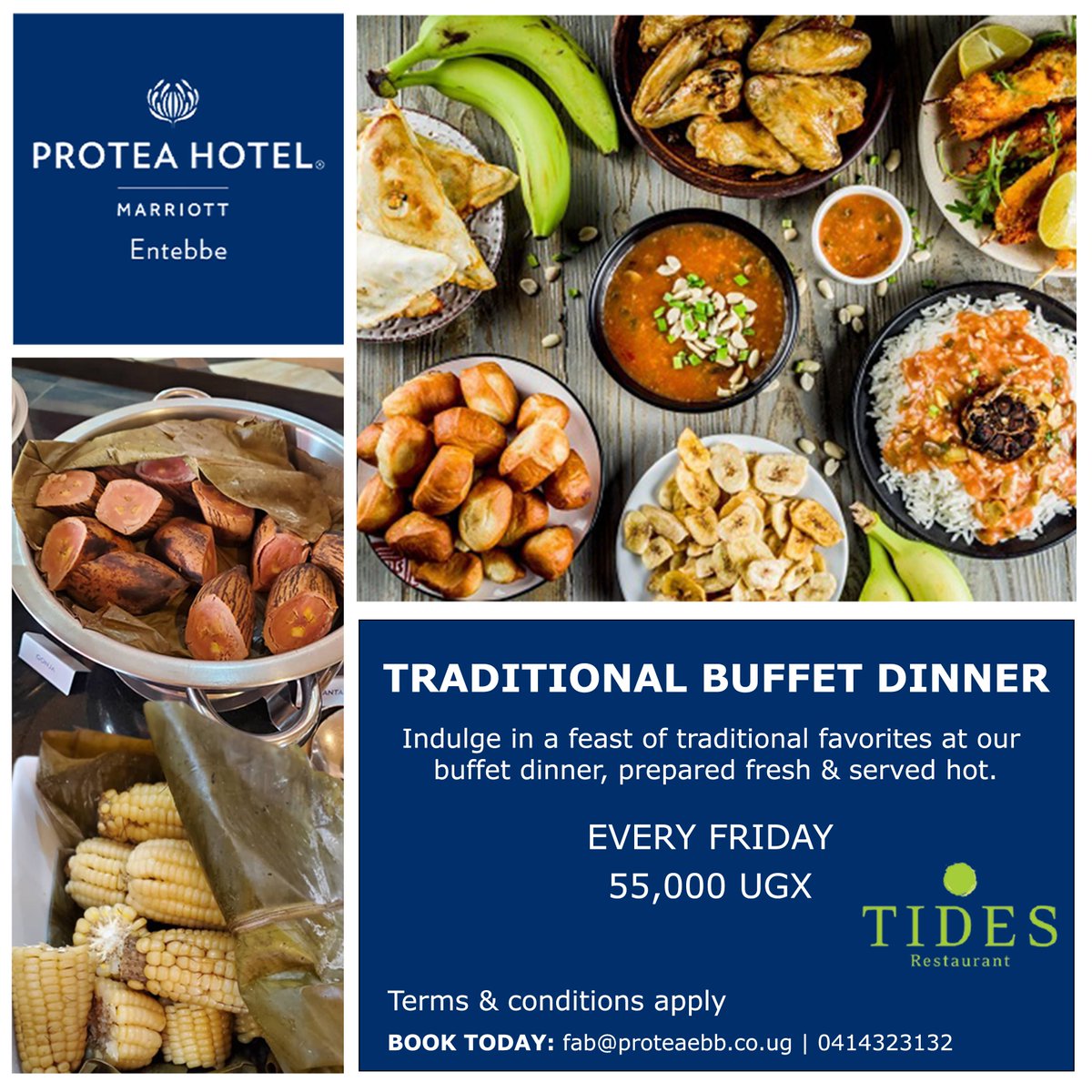 ProteaEntebbe's tweet photo. Get ready to feast like never before! Join us tonight from 6pm to 11pm for a traditional buffet dinner at #TidesRestaurant.
Call 0414323132 for any inquiries.
#ProteaEntebbe #TraditionalBuffetDinner https://t.co/02HwXyTb72